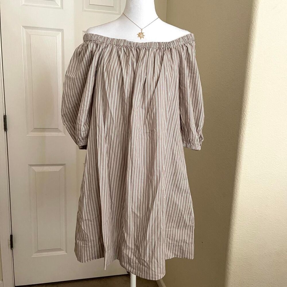 Old Navy off the shoulder dress with vertical stripes in beige and white -small
